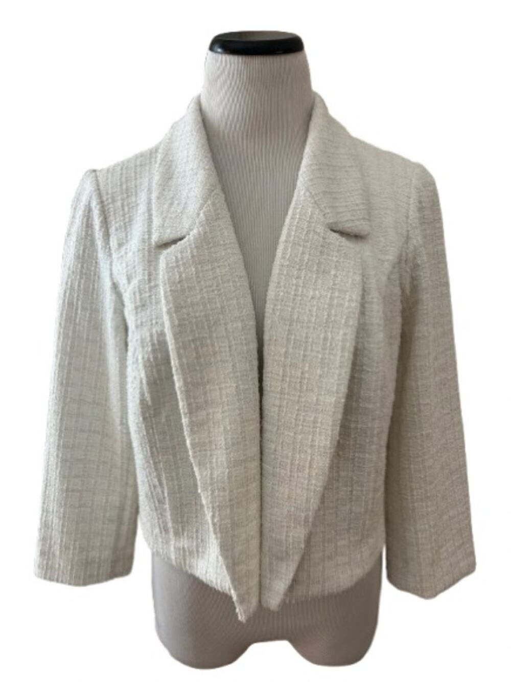 Shelby & Palmer Womens Tweed 3/4 Sleeve Open Front Cropped Blazer White Size L